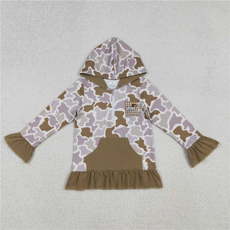 11.3 RTS NO MOQ （In stock）Matching GT1134 Embroidery Dog Ducks Baby Girls Brown Camo Pocket Zip Hunting Hoodies Top