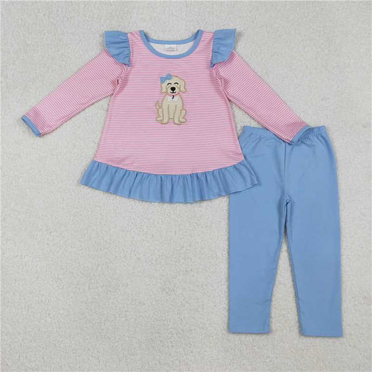 11.24 RTS NO MOQ （In stock）Matching GLP2725 Embroidery Dog Baby Girls Pink Stripe Tunic Blue Leggings Clothes Set
