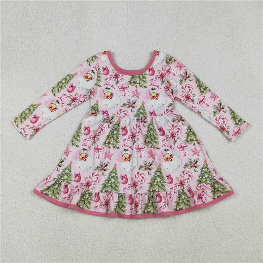 11.19 RTS NO MOQ （In stock）GLD1252 Baby Girls Santa Candy Cane Christmas Trees Ruffle Knee Length Dresses
