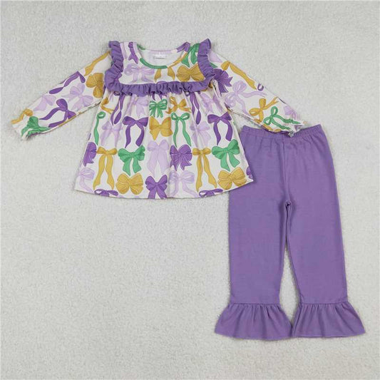 11.1 RTS NO MOQ （In stock）Matching Mardigras GLP2822 Baby Girls Mardi Gras Bows Tunic Ruffle Pants Clothes Sets