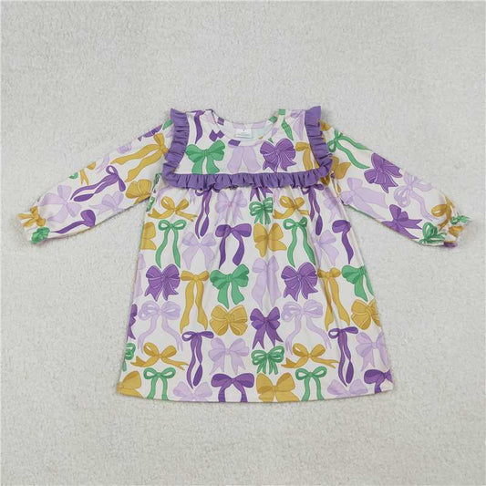 12.18 RTS NO MOQ （In stock）GLD1295 Baby Girls Mardigras Bows Ruffle Sleeve Knee Length Dresses