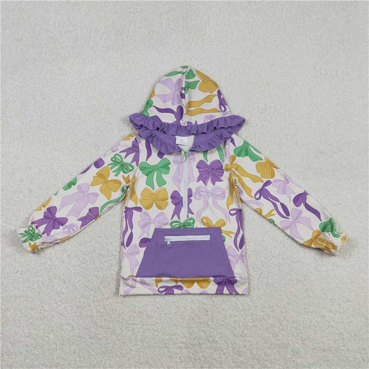 12.18 RTS NO MOQ （In stock）GT1222 Baby Girls Mardigras Bows Pocket Zipper Ruffle Hoodies Top