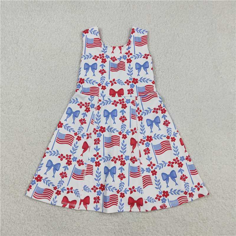 USA Warehouse (IN STOCK) GSD3500 Sleeveless floral flag bow girls 4th of july athletic dresses