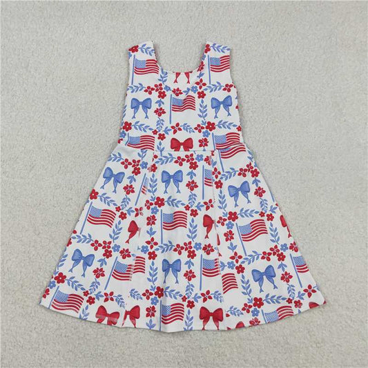 GSD3500 RTS NO MOQ （In stock ） Yoga fabric Baby Girls Flower Flags 4th of July Yoga Active Shorts Knee Length Dress
