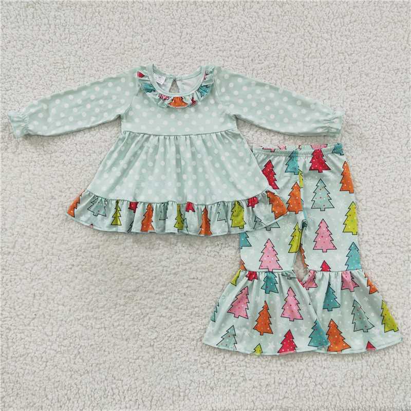12.10 RTS NO MOQ （In stock）GLP0618 Baby Girls Christmas Colorful Tree Tunic Ruffle Pants Clothes Sets