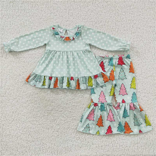 12.10 RTS NO MOQ （In stock）GLP0618 Baby Girls Christmas Colorful Tree Tunic Ruffle Pants Clothes Sets