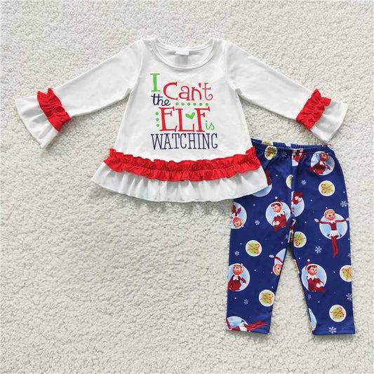 GLP0641White ruffle top green hat leggings girls Christmas clothes