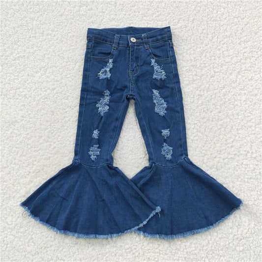 P0133 Baby Girls Navy Distressed Denim Bell Pants