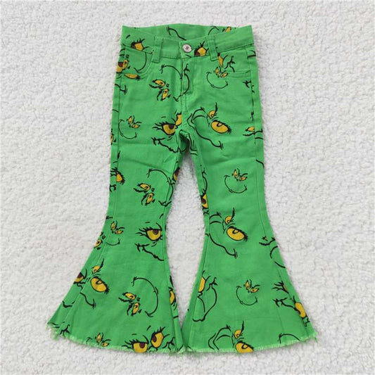 P0230  Baby Girls Christmas Green Frog Face Denim Bell Pants