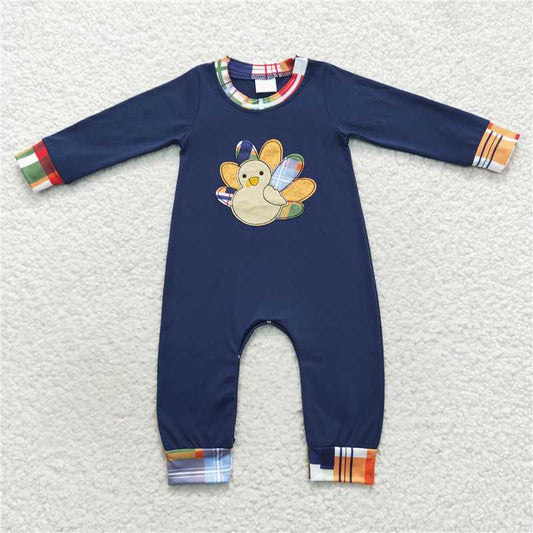 RTS LR0367 Navy blue long-sleeved jumpsuit with embroidered turkey plaid pattern