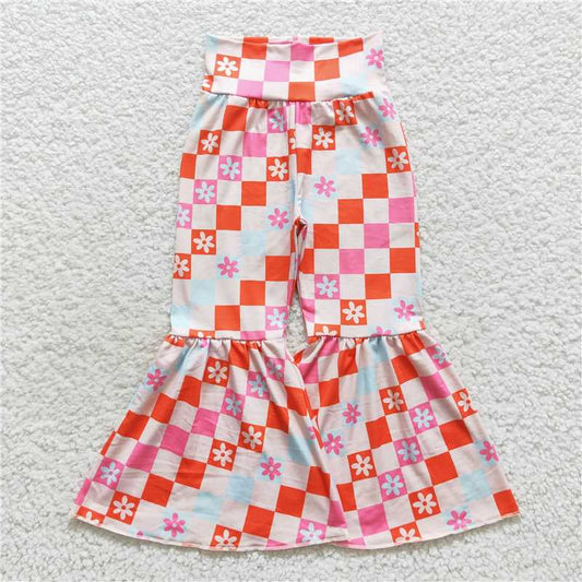 P0263  Baby Girls Pink Flowers Checkered Ruffle High Waist Bell Pants