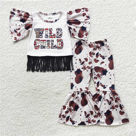 GSPO0773 Wild child ink pattern flying sleeves tassel trousers suit