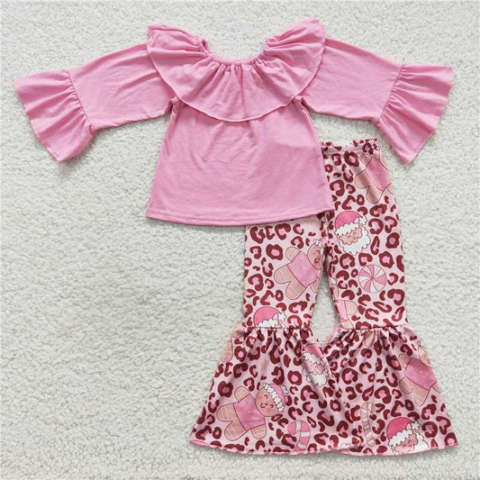 GLP0673 Gingerbread Santa Claus pink lace one-shoulder long-sleeved leopard print trousers suit