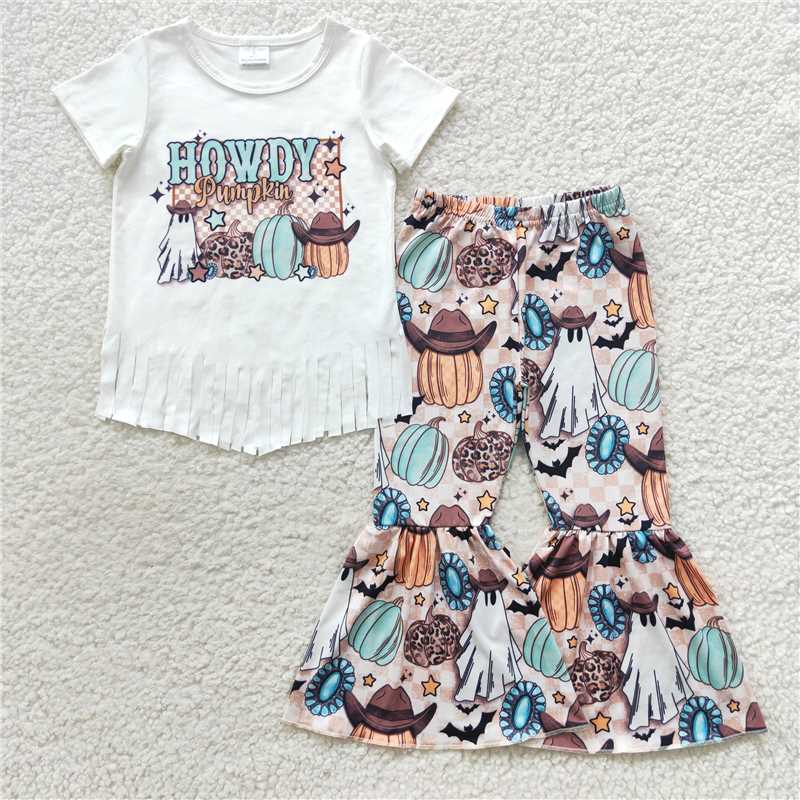 GSPO0803 Howdy pumpkin ghost white tassel short-sleeved trousers suit