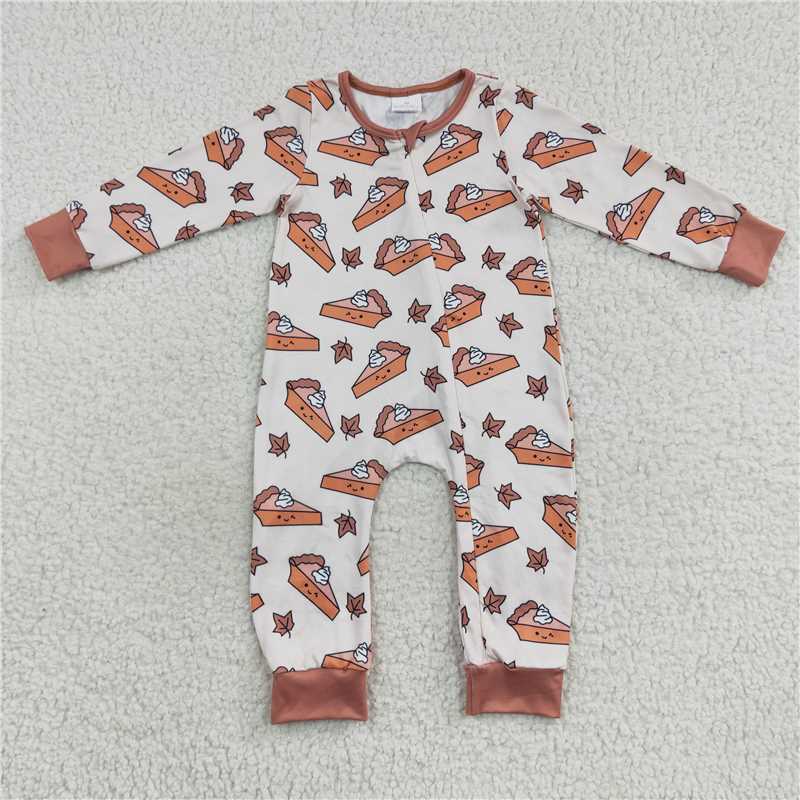 RTS LR0353 Cake Maple Leaf Brown Zipper Long Sleeve Bodysuit