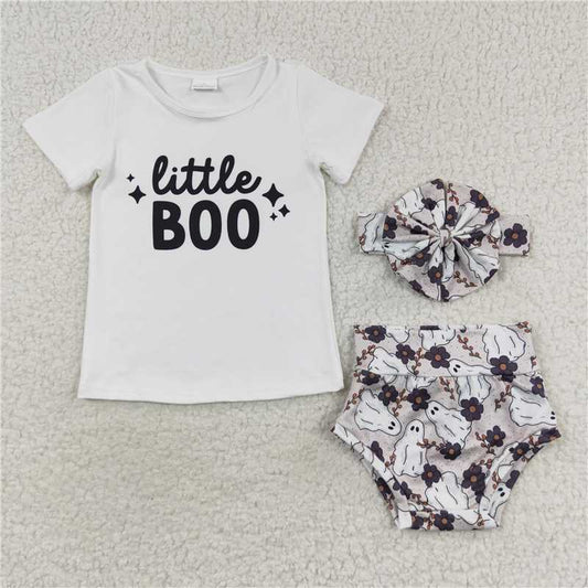 GBO0175  Baby Girls Halloween Little Boo Top Bummie Sets