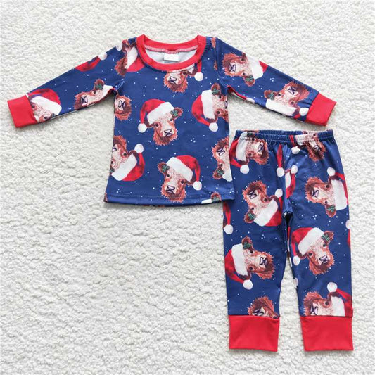 BLP0294Red Christmas hat highland cow kids boy pajamas