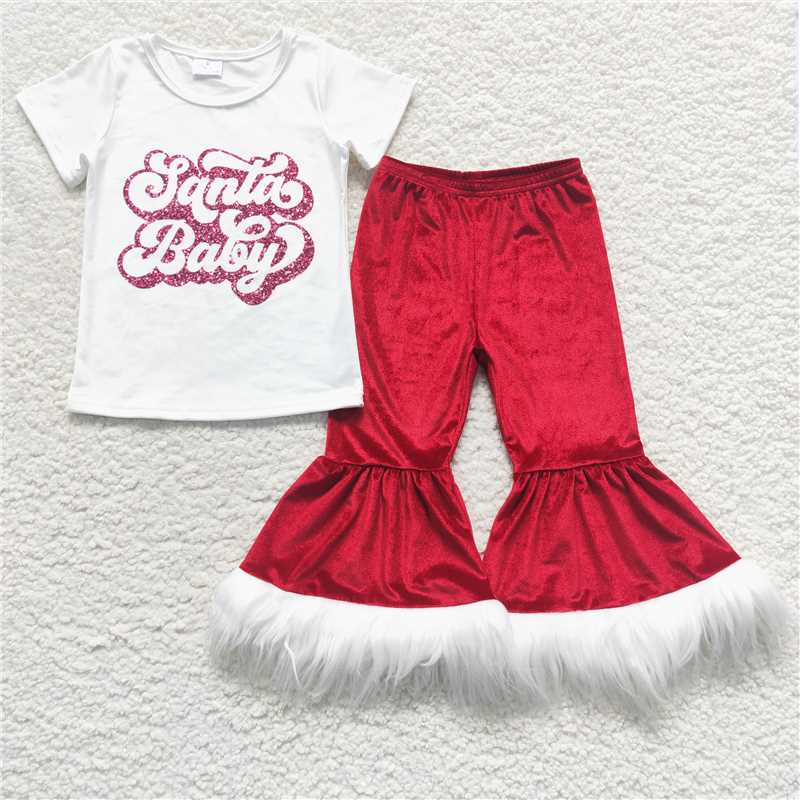 GSPO0791 santa baby white short-sleeved dark red trousers suit with lettering