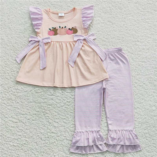 GSPO0783 Girls embroidered pumpkin pink flying sleeves purple striped trousers suit