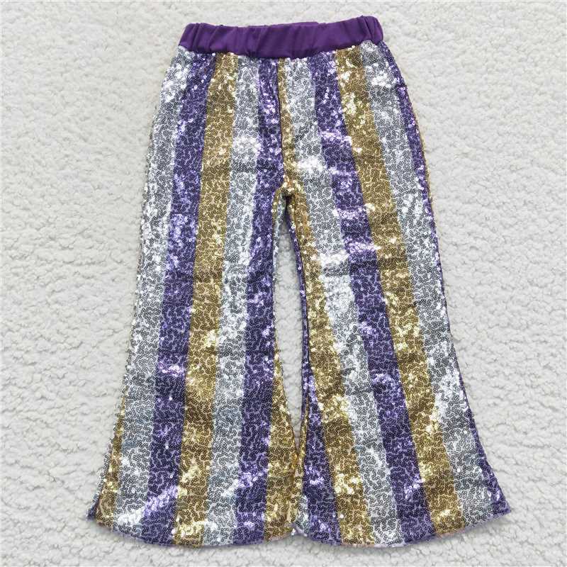 P0276  Baby Girls Purple Golden Sequin Bell Bottom Pants