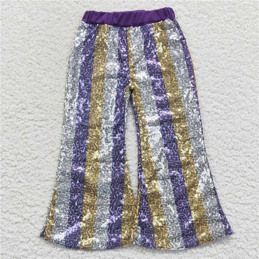 P0276  Baby Girls Purple Golden Sequin Bell Bottom Pants