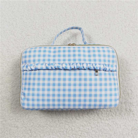 BA0089  Baby Kids Back To School Sibling Blue Checkered Backpack Bags Lunch Boxes