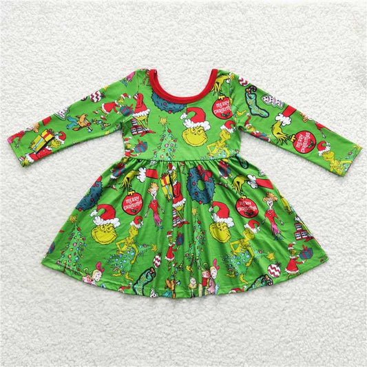 GLD0345 Baby Girls Christmas Green Face Knee Length Ruffle Dresses