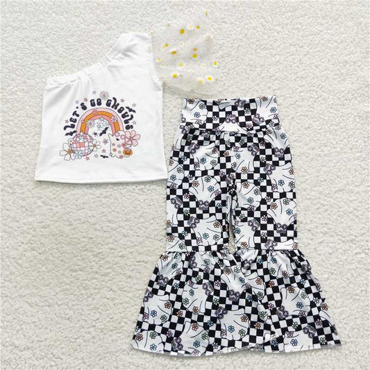 GSPO0820 let's go ghouls rainbow ghost one-shoulder white short-sleeved plaid trousers suit