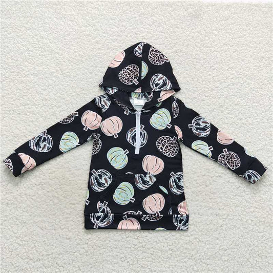 BT0306 Pumpkin pocket zipper black hooded long sleeve top