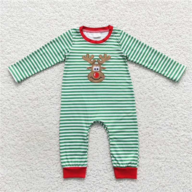RTS LR0338 Boys embroidered elk green striped Christmas long-sleeved jumpsuit