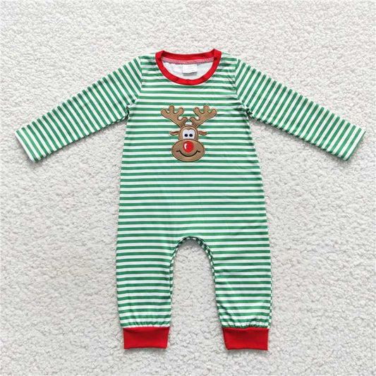RTS LR0338 Boys embroidered elk green striped Christmas long-sleeved jumpsuit