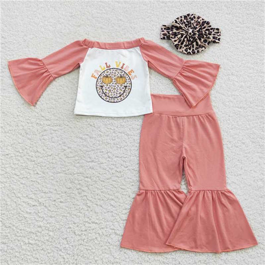GLP0624Fall vibes leopard smile pumpkin girls clothing set