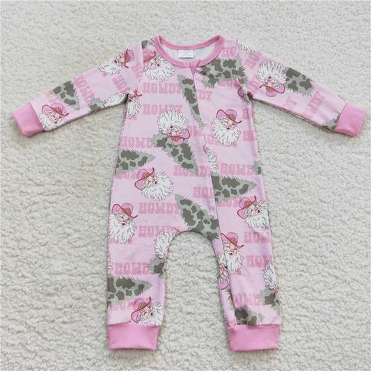 12.3 RTS NO MOQ （In stock）LR0548 Baby Girls Howdy Santa Christmas Pink Long Sleeve Rompers