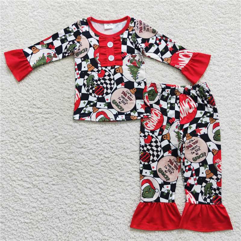 GLP0514 Cartoon grinch red lace button black and white checkered long-sleeved trousers suit