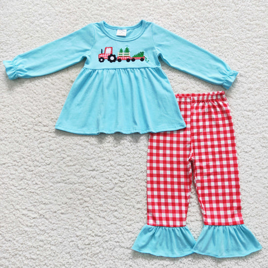 GLP0609 Christmas tree embroidery truck lace red plaid blue long sleeve trousers suit