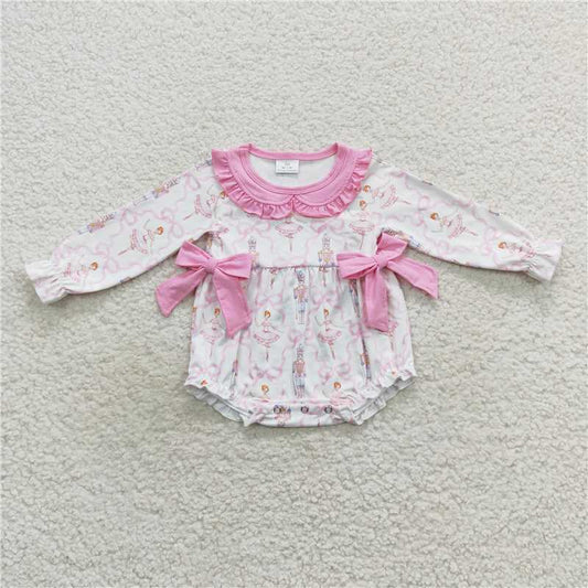 LR0586Pink ballet long sleeves baby girls Christmas romper