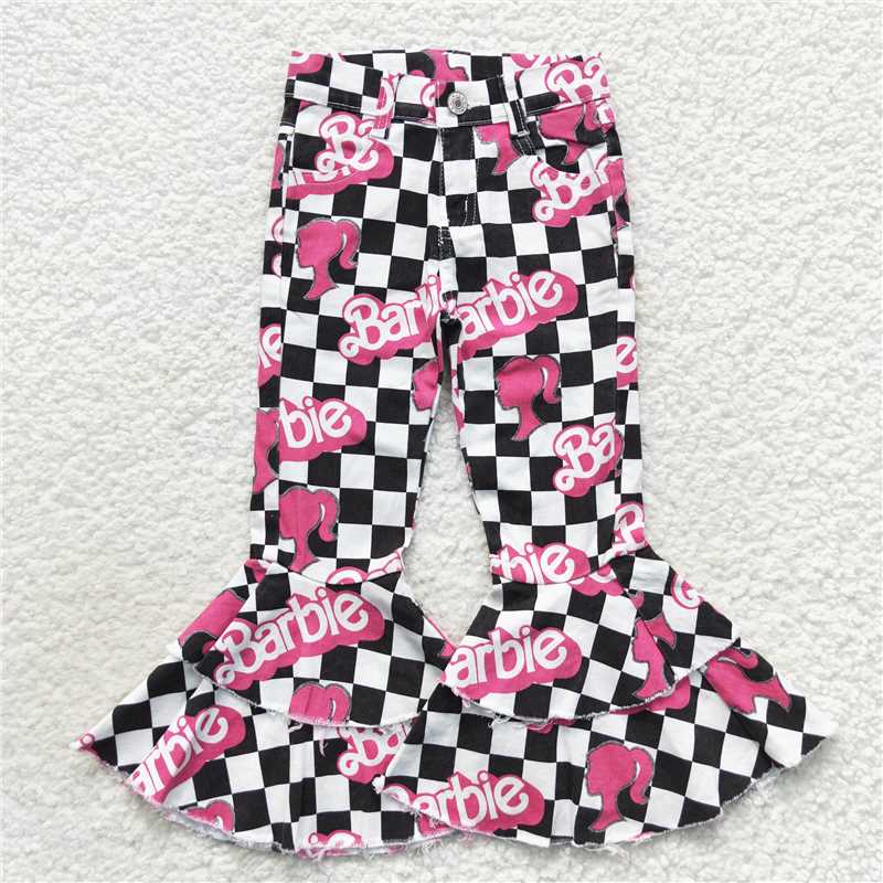 P0243  Baby Girls Black Checked Doll Denim Bell Pants