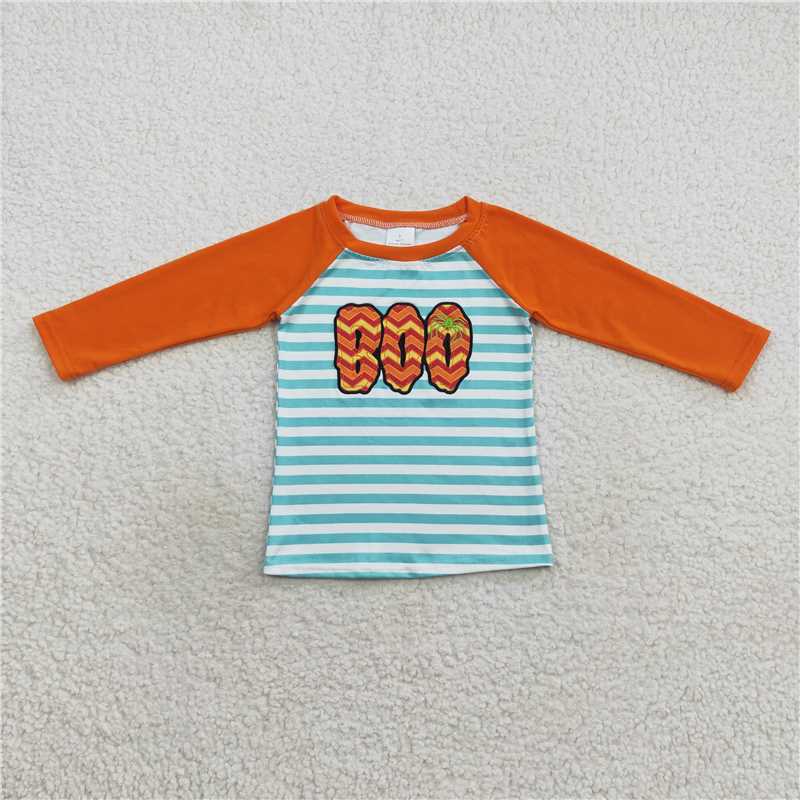 BT0312  Baby Boys Halloween Stripes Boo Long Sleeve Raglan Tops