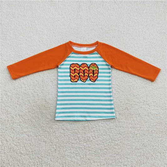 BT0312  Baby Boys Halloween Stripes Boo Long Sleeve Raglan Tops