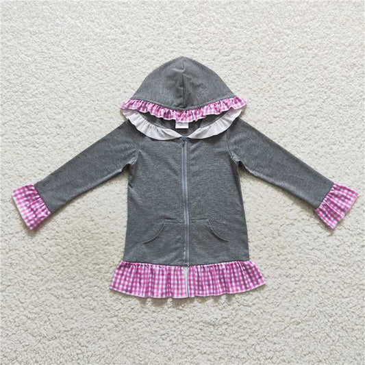 GT0260  Baby Girls Pink Plaid Hoodie Zip Cardigan Jackets