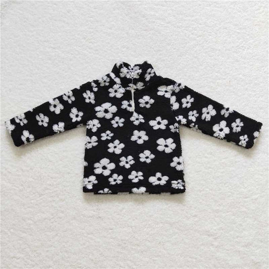 GT0270  Baby Girls Black White Flowers Thick Pullovers Tops