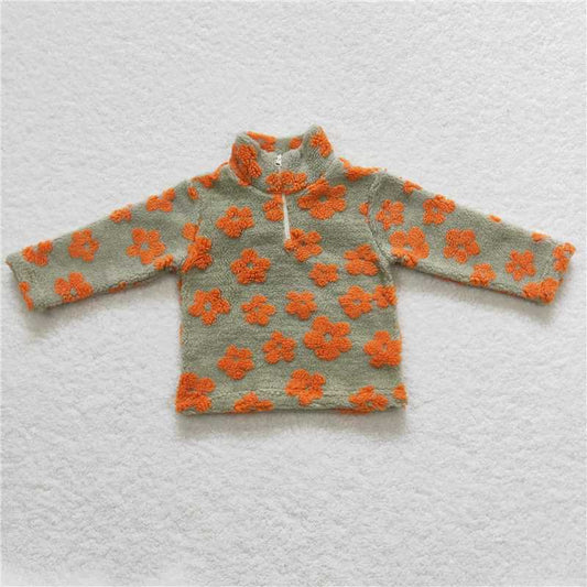 GT0264  Baby Girls Green Orange Flowers Thick Pullovers Tops