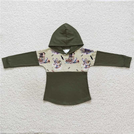 BT0317 Duck and puppy army green hooded long-sleeved top