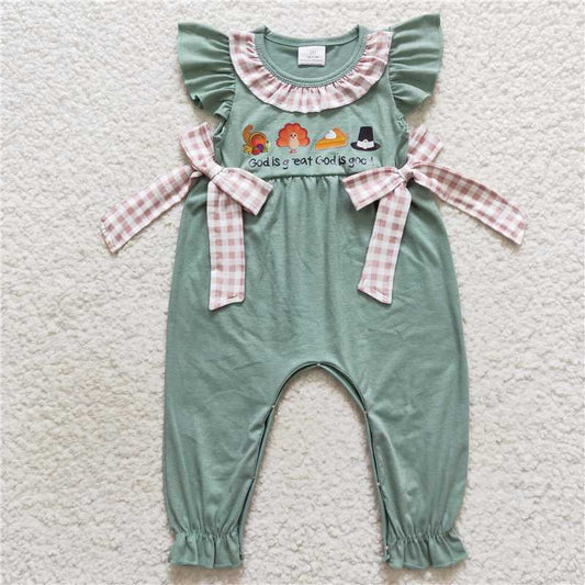 USA Shop (in stock)SR0438  Baby Girls Light Green Thanksgiving Turkey Bows Rompers
