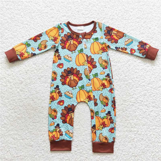 RTS LR0581 Pumpkin Turkey Blue Brown Zipper Long Sleeve Bodysuit