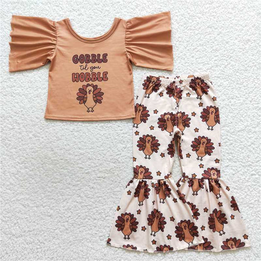 10.16 RTS NO MOQ （In stock） Matching  thanksgiving GSPO0702 Baby Girls Gobble Turkey Thanksgiving Bell Pants Clothes Sets