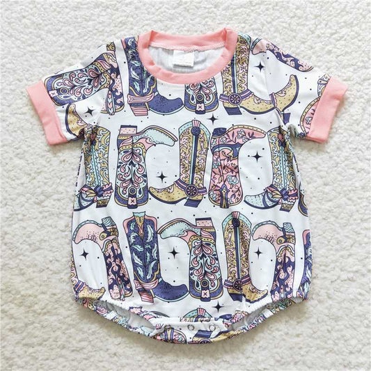 SR0437  Baby Girls Western Boots Pink Rompers