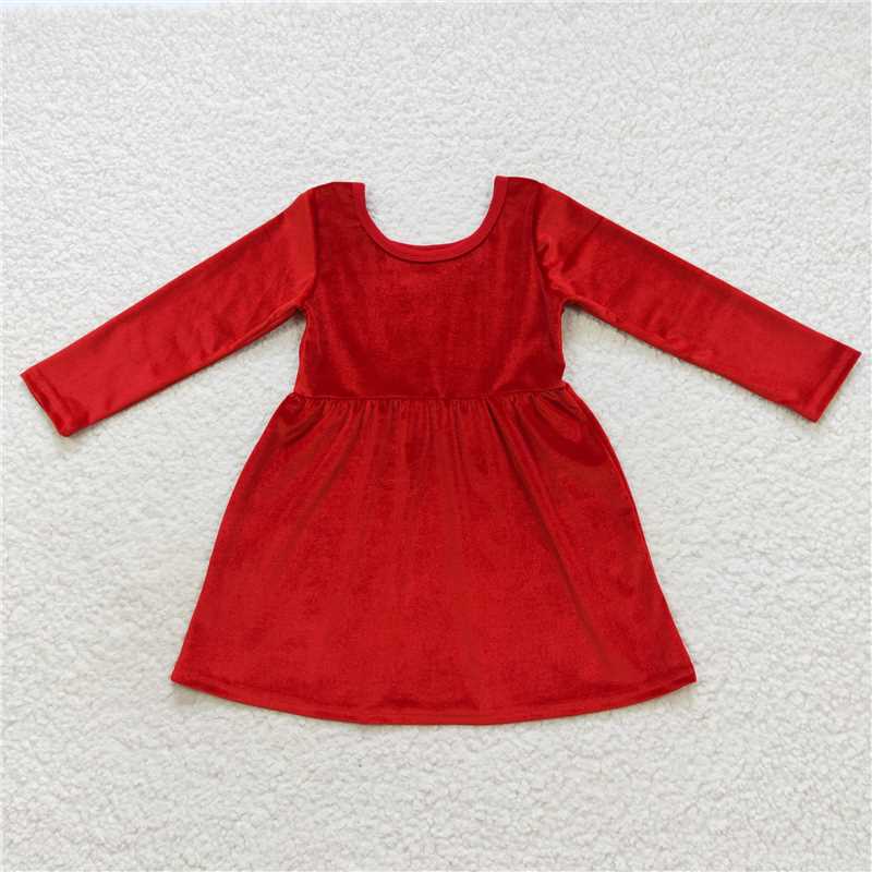 GLD0335 Baby Girls Red Long Sleeve Velvet Knee Length Dresses
