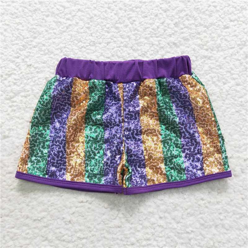 SS0116 Purple, green and gold striped sequined shorts