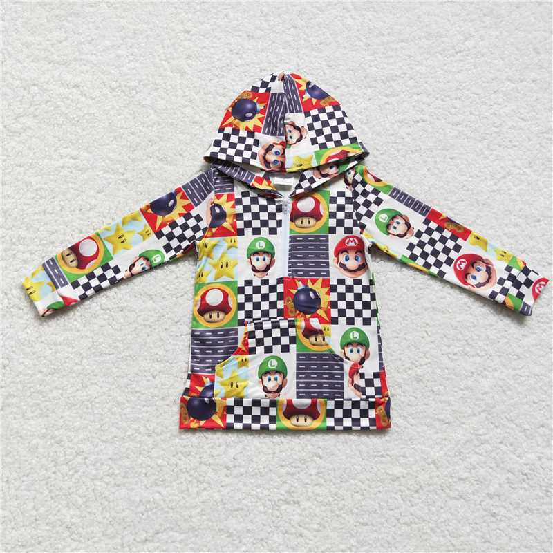 BT0311 Cartoon Mario black and white plaid zipper hooded long-sleeved top